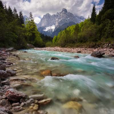 View of Prisank peak with Pišnica river, Slovenia