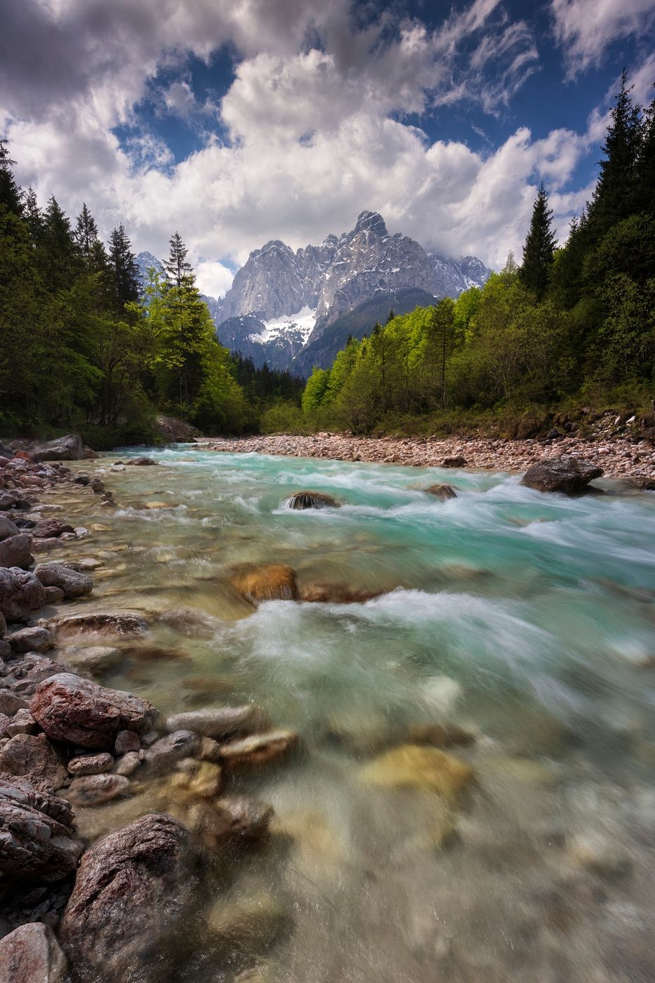 View of Prisank peak with Pišnica river, Slovenia