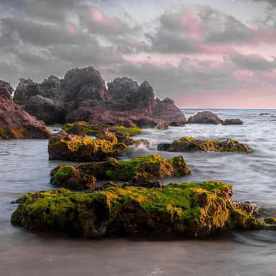 Beach rocks in sunset, Israel