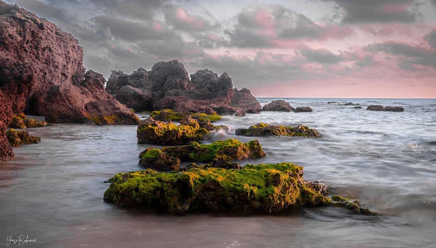 Beach rocks in sunset