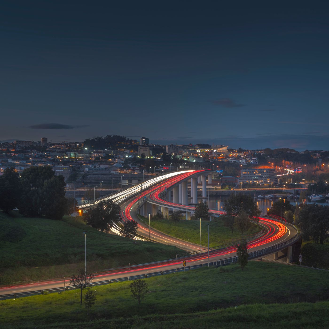 Flowing lights at Ponte do Freixo, Porto, Portugal