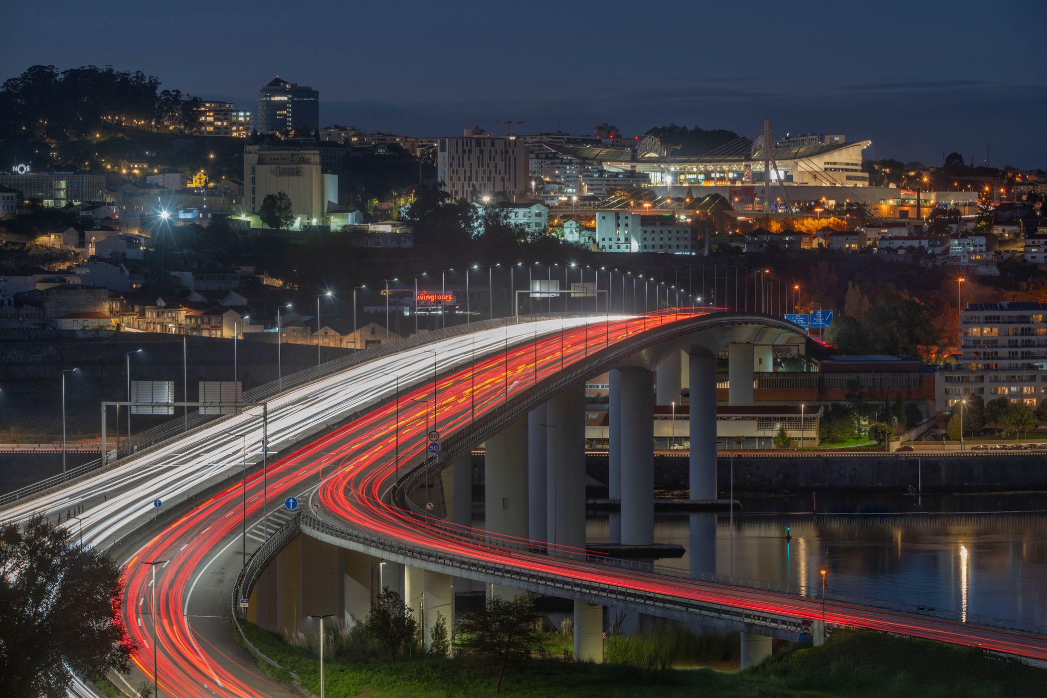 Flowing lights at Ponte do Freixo, Porto, Portugal