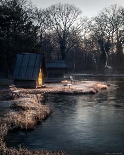 Fishing Huts by the Lake