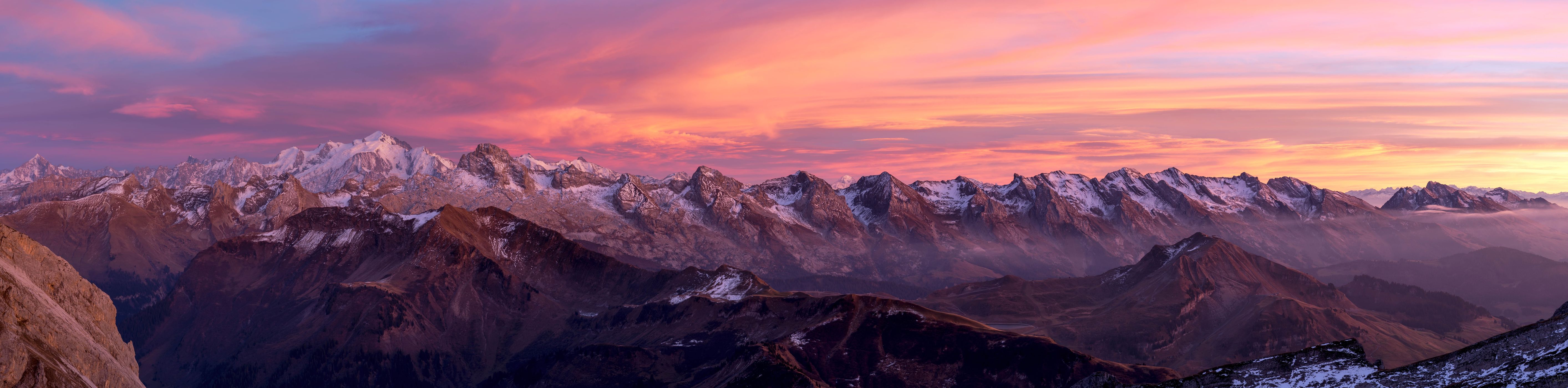 Aravis Chain & Mont-Blanc massif at sunset, Alps, France