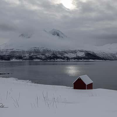 Red hut in front of fjord and mountain, Straumsbukta, Norway
