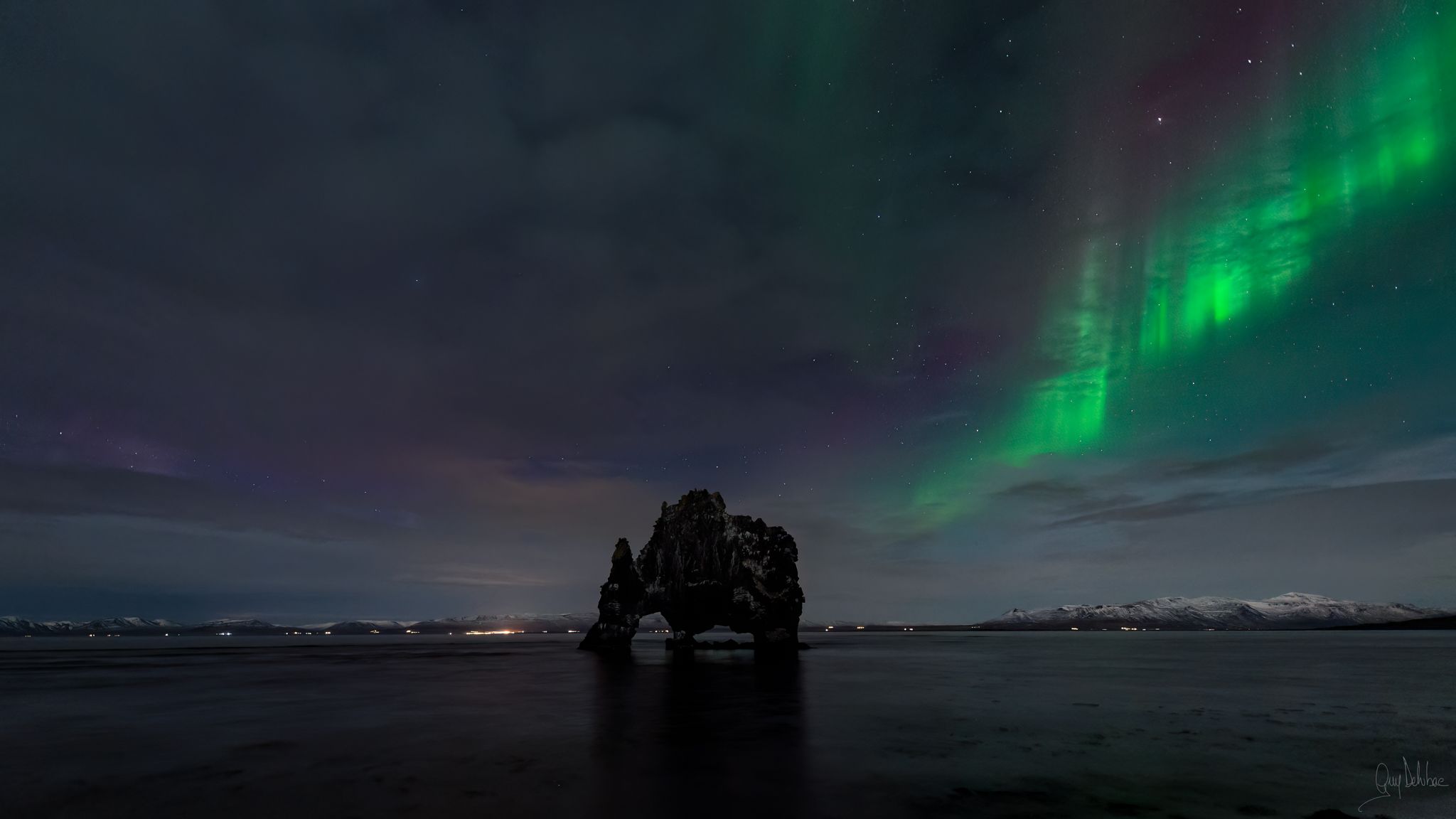 Aurora borealis above Hvitserkur, North Iceland, Iceland