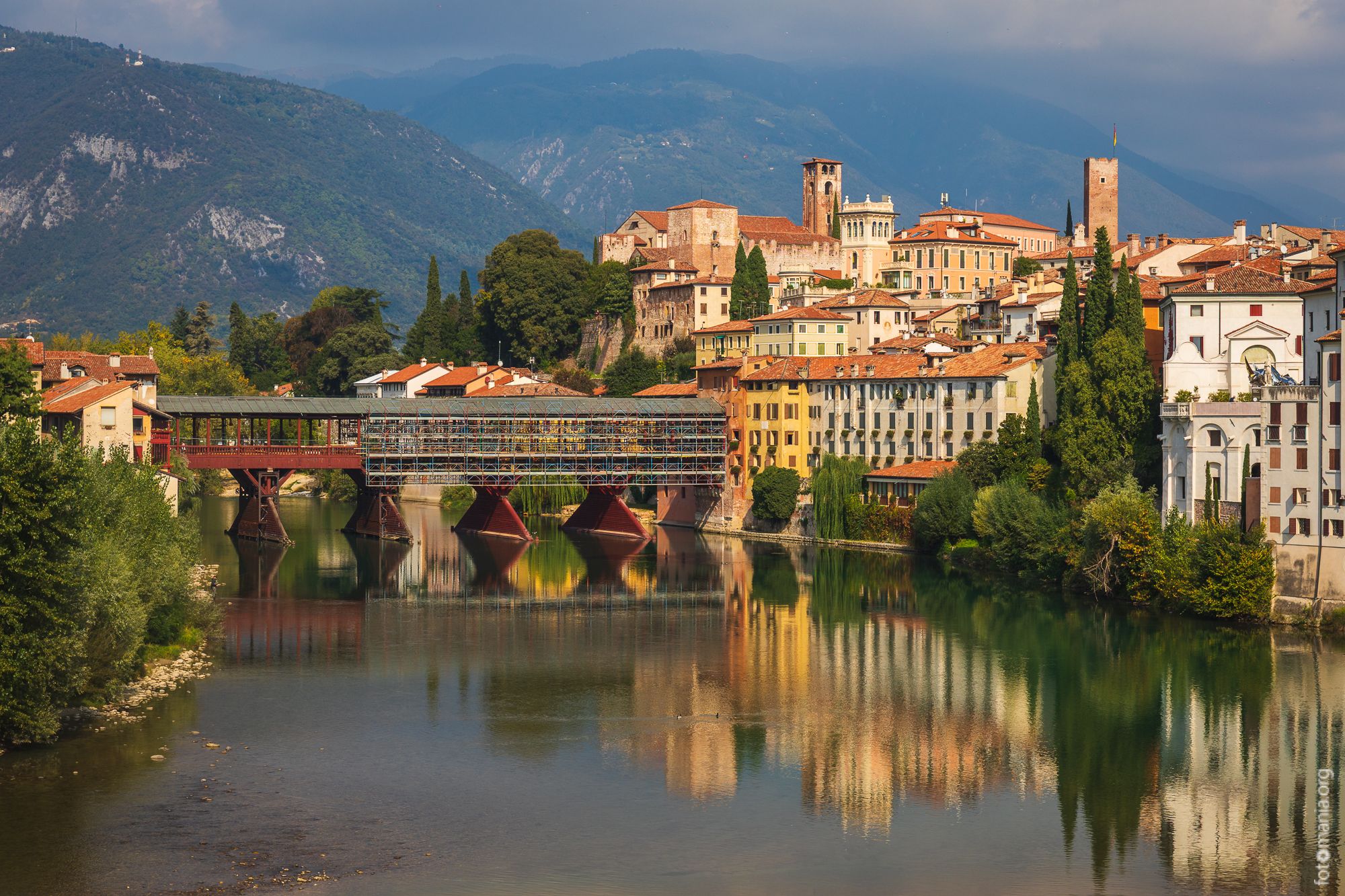 Brenta river and Ponte Vecchio in Bassano del Grappa, Italy