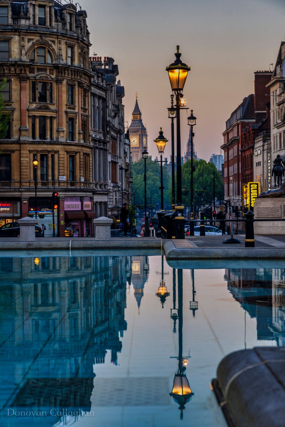 Across the pond at Trafalgar Square toward Big Ben, London, United Kingdom
