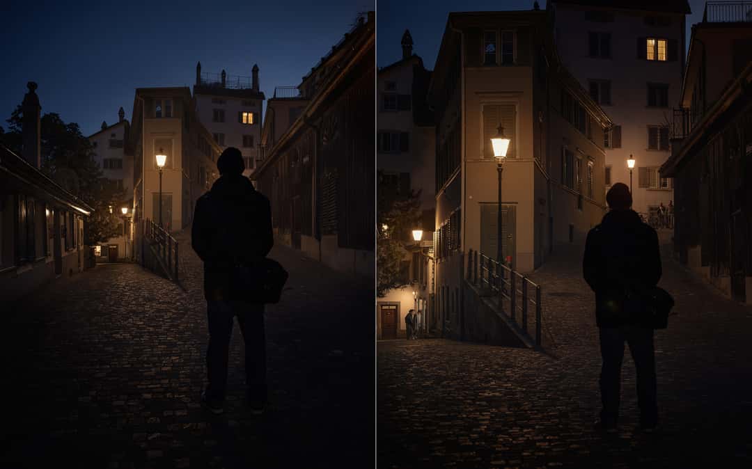 24mm on the left vs 70mm on the right: The man remains in exactly the same spot — only the shooting angle and focal length are different.