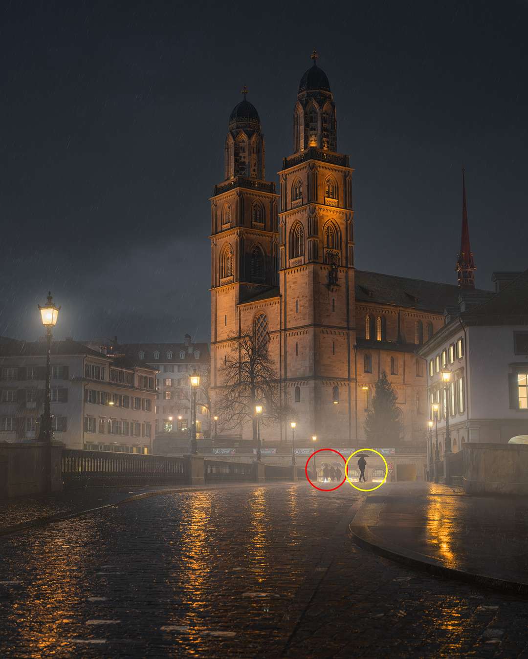 For the group in the red circle, which is further away, a shutter speed of at least 1/40 second is recommended to avoid motion blur. The man in the yellow circle, who is closer to the camera, needs at least 1/60 second, ideally 1/80 second, for a sharp shot.