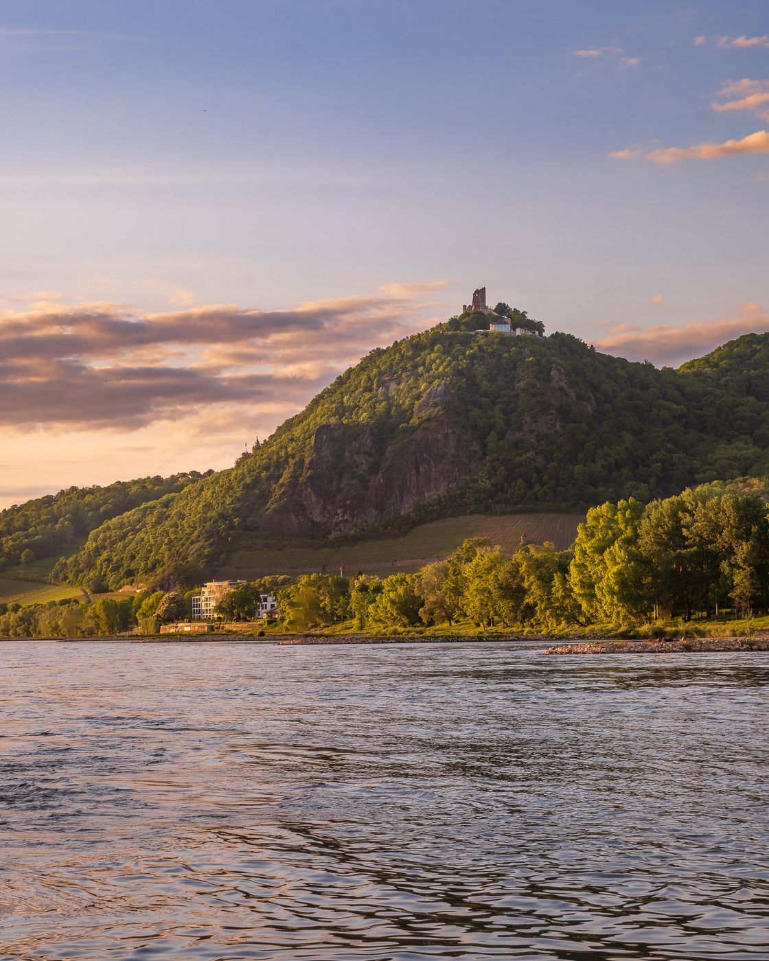 Drachenfels above the Rhine from Insel Grafenwerth, Bad Honnef, Germany