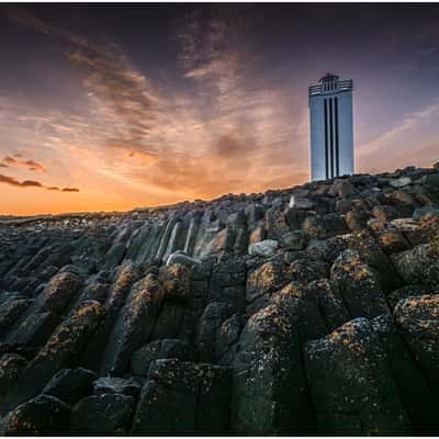 Kalfshamarsvik Lighthouse from the Stone Beach, Iceland