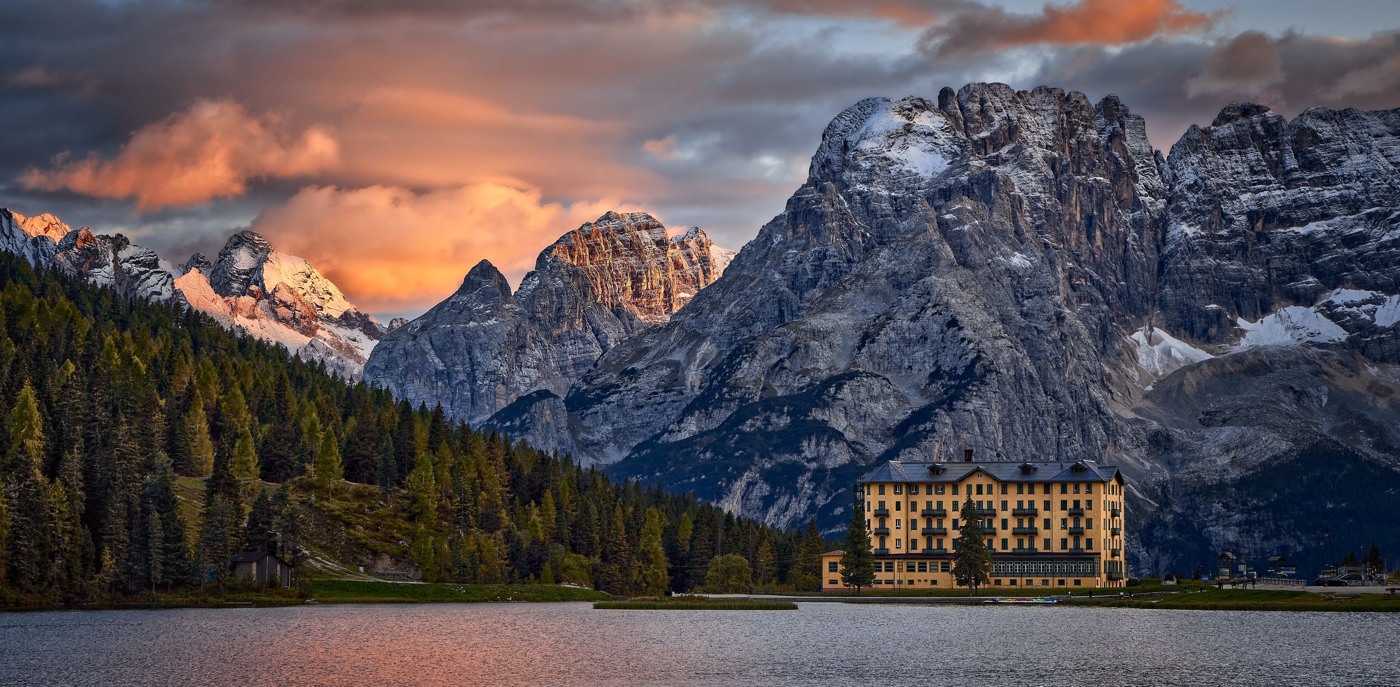 Hotel at Lake Misurina, Dolomites, Italy