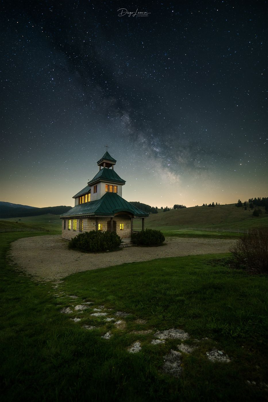 Milky Way above the Church of Santa Zita, Passo Vezzena, Italy