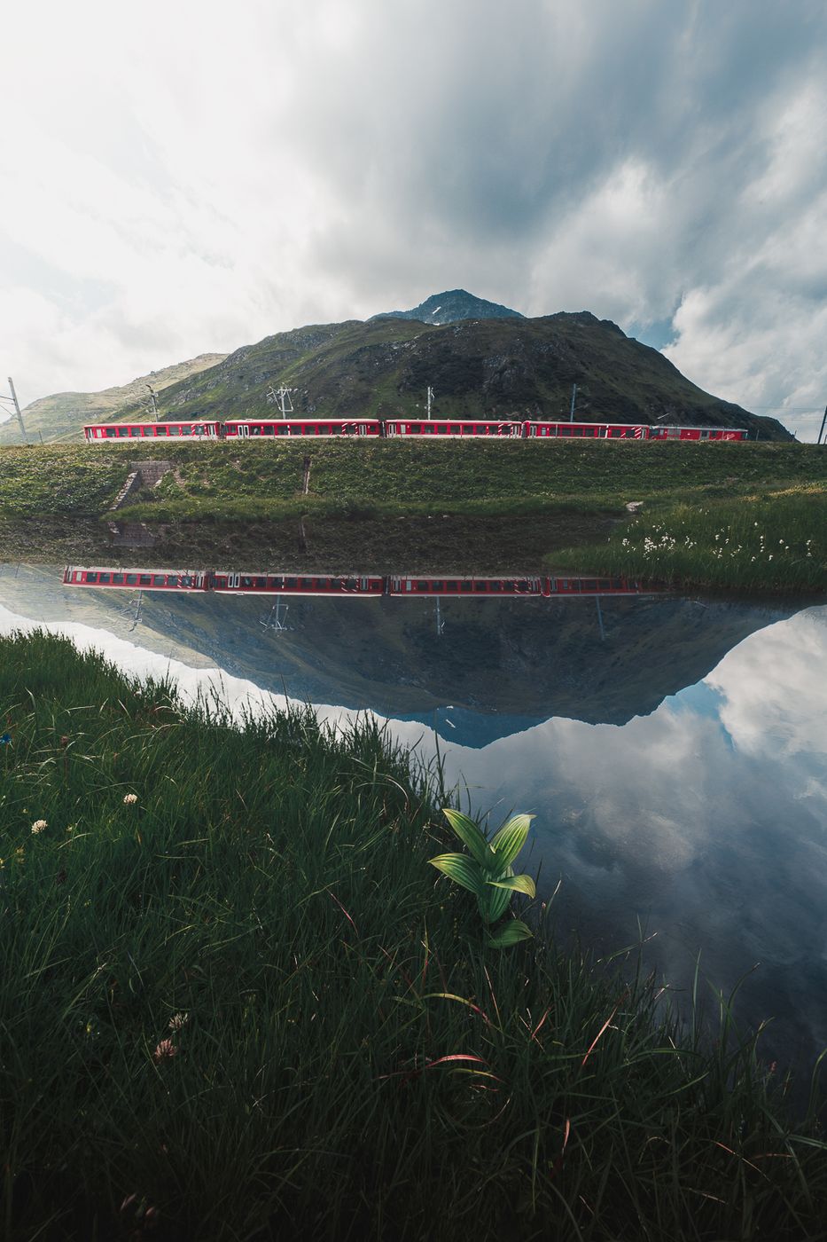 Oberalppass swiss train reflection, Switzerland