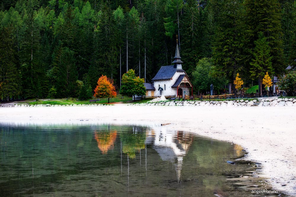 Chapel of Lake Braies, Dolomites, Trentino, Italy