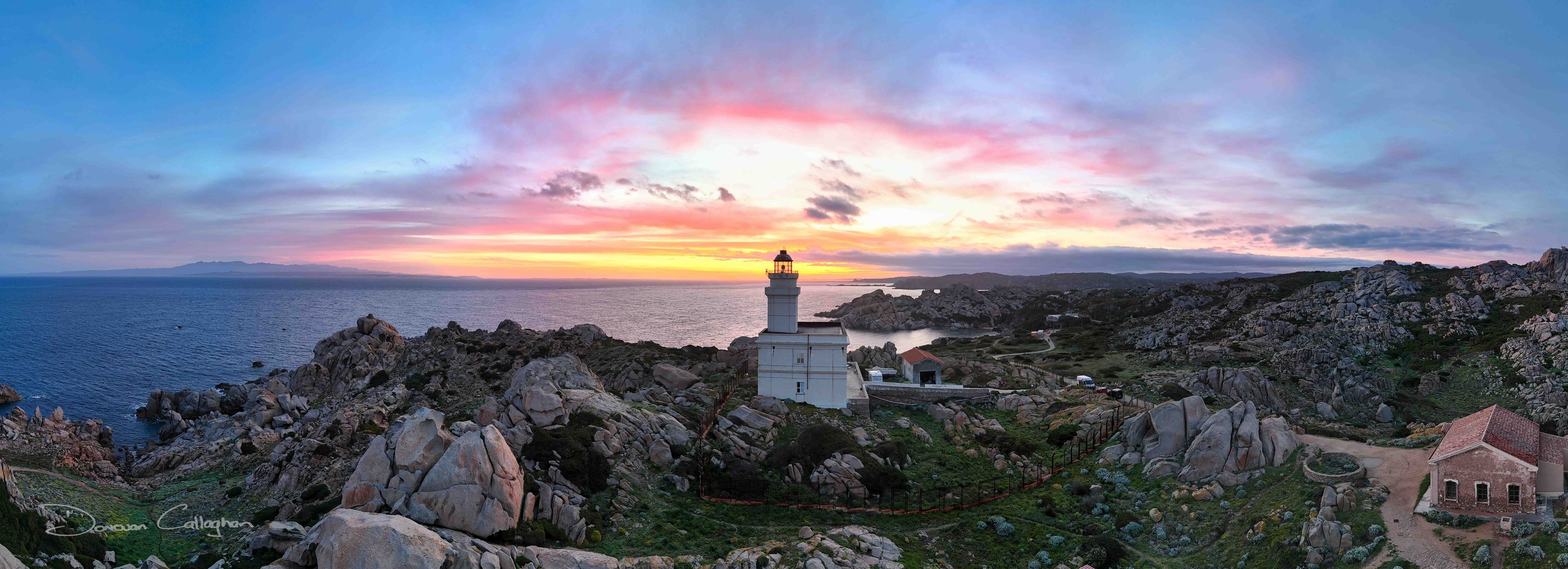 Pano sunrise Capo Testa Lighthouse, Sardinia, Italy