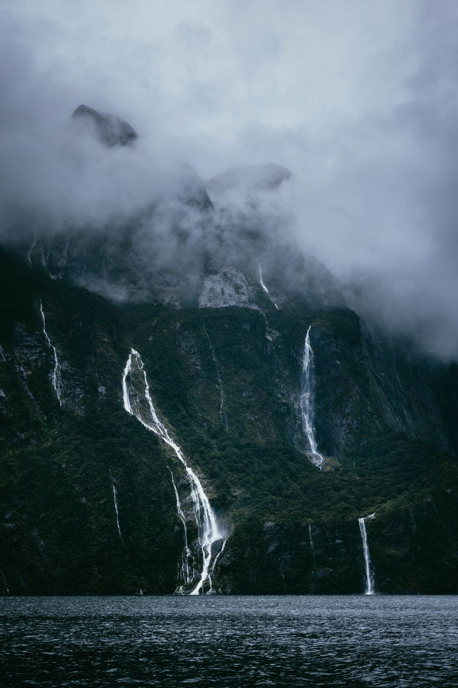Waterfalls near Seal Rock, Milford Sound, New Zealand