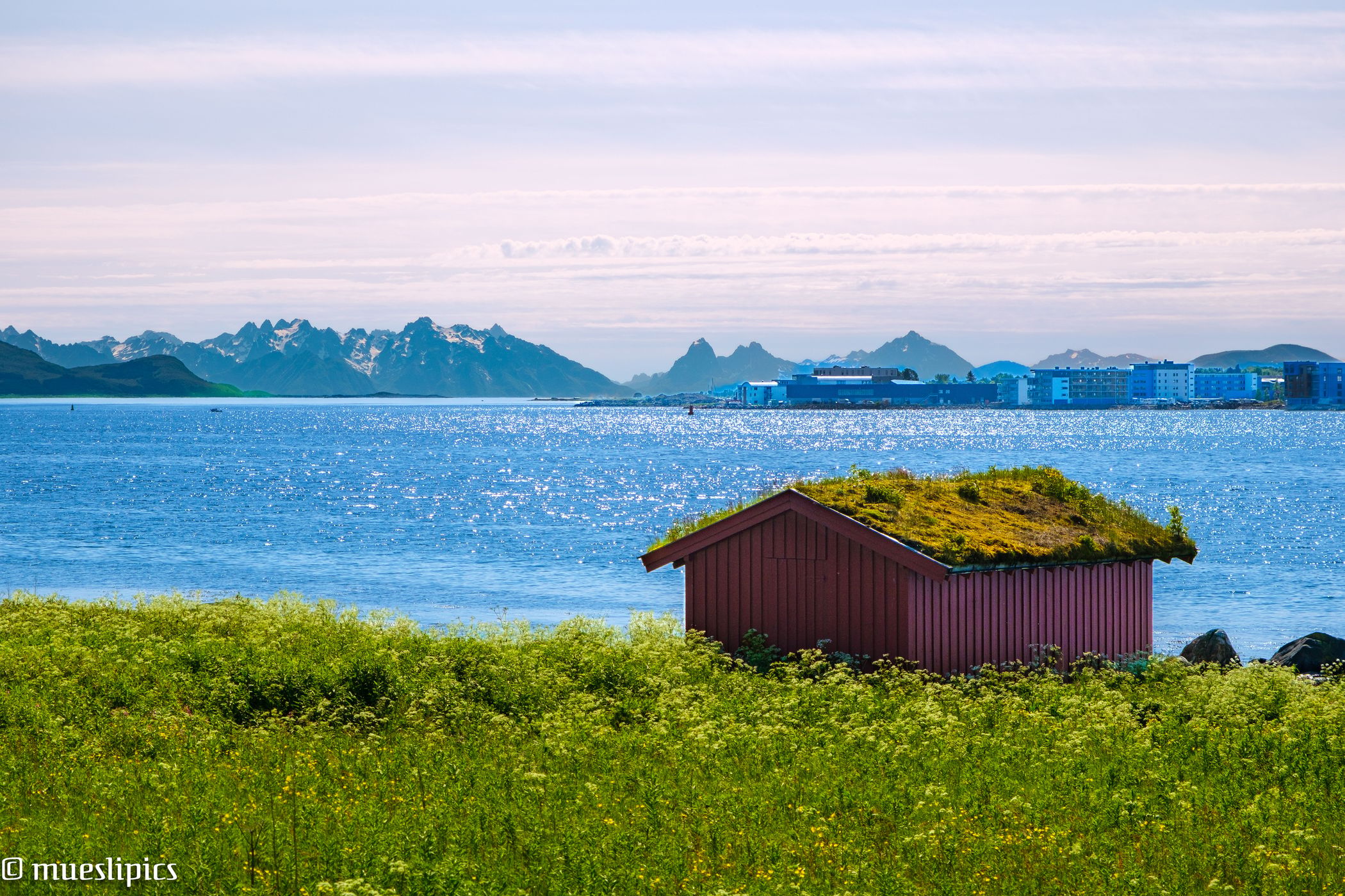 a hut, some grass and water with mountains, Norway