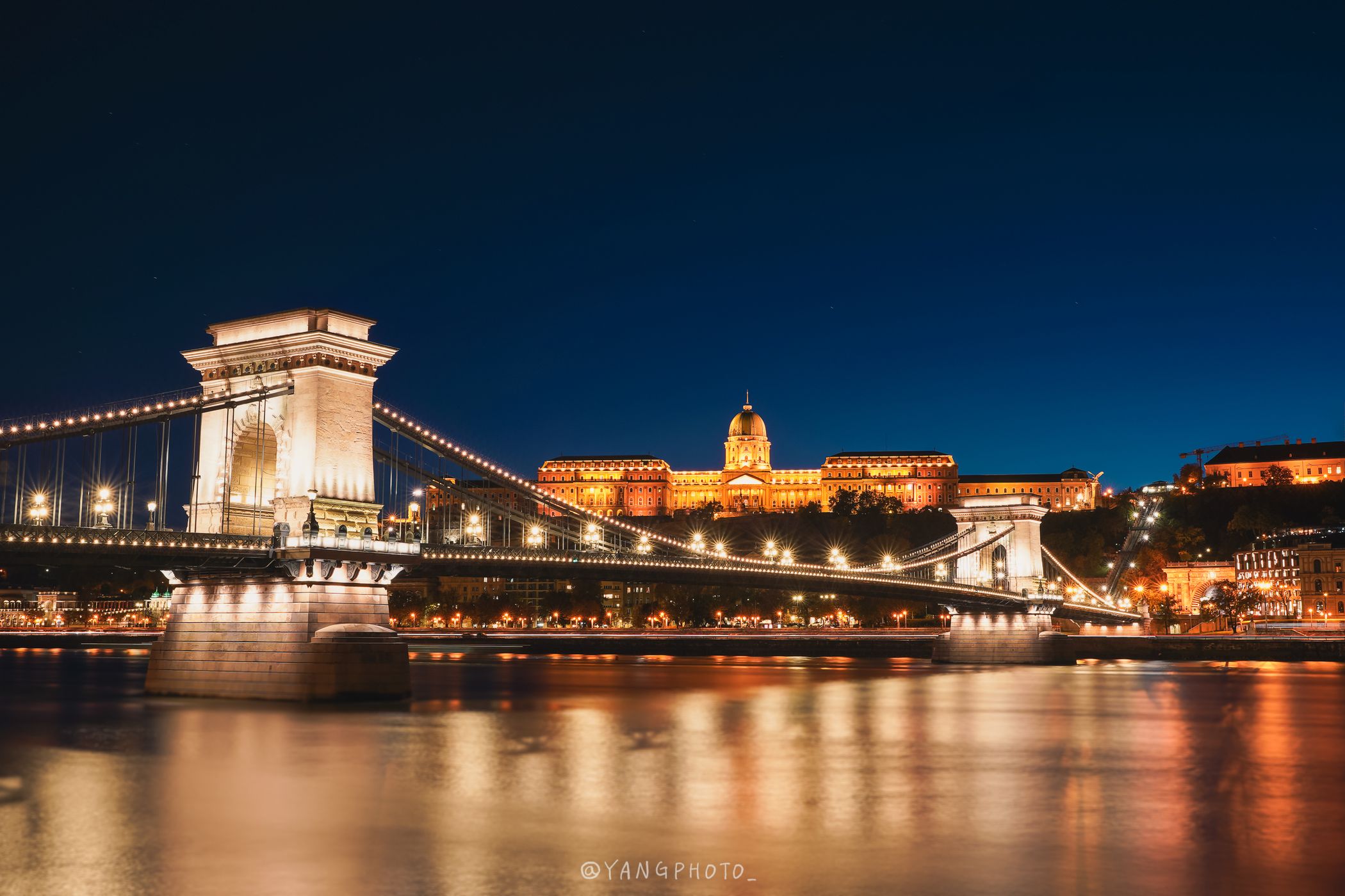 Chain Bridge and Castle from Buda side of Danube, Hungary