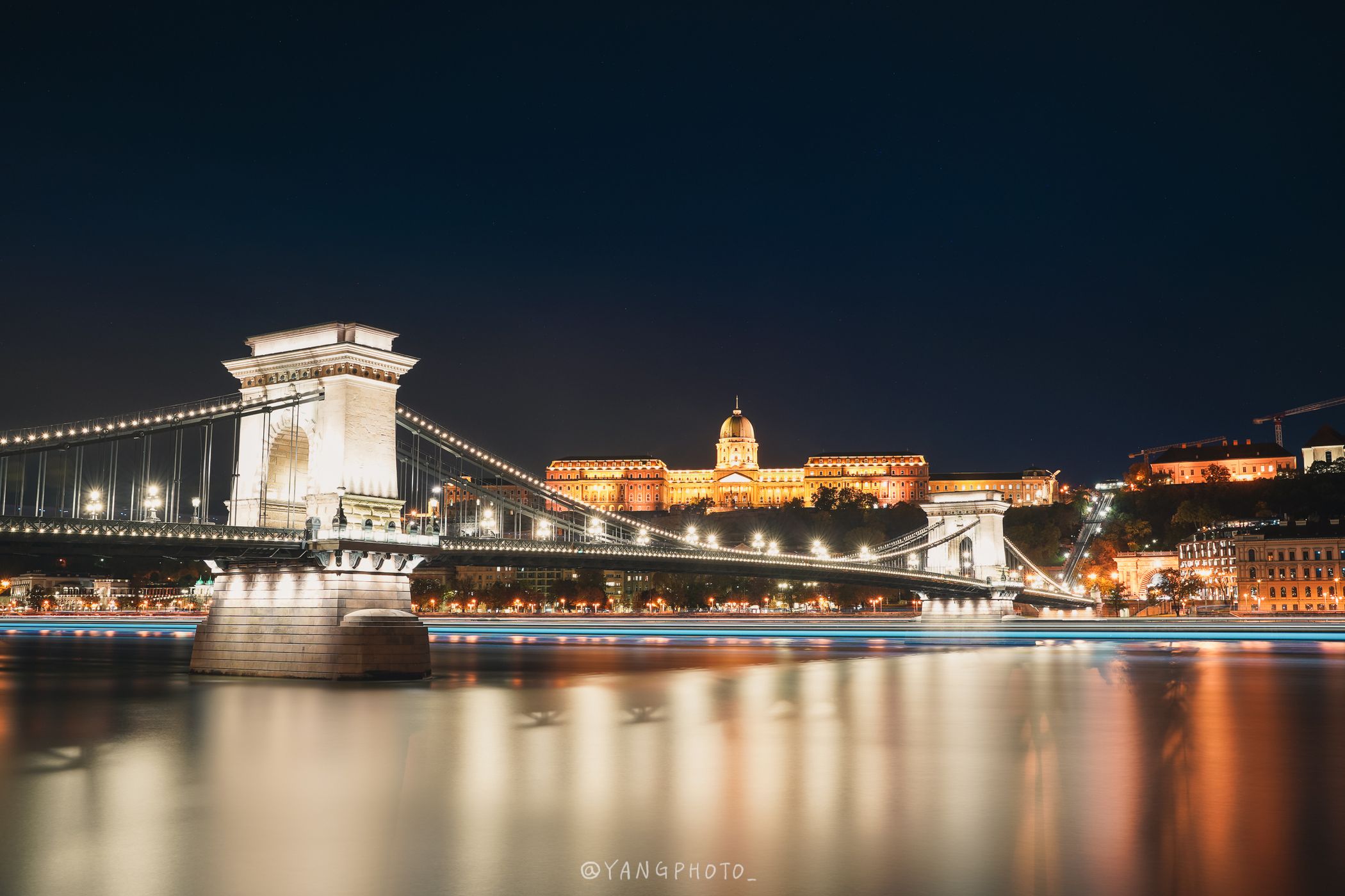 Chain Bridge and Castle from Buda side of Danube, Hungary