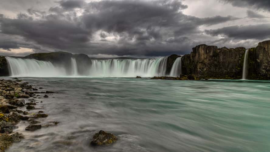Goðafoss Waterfall at river level, Iceland