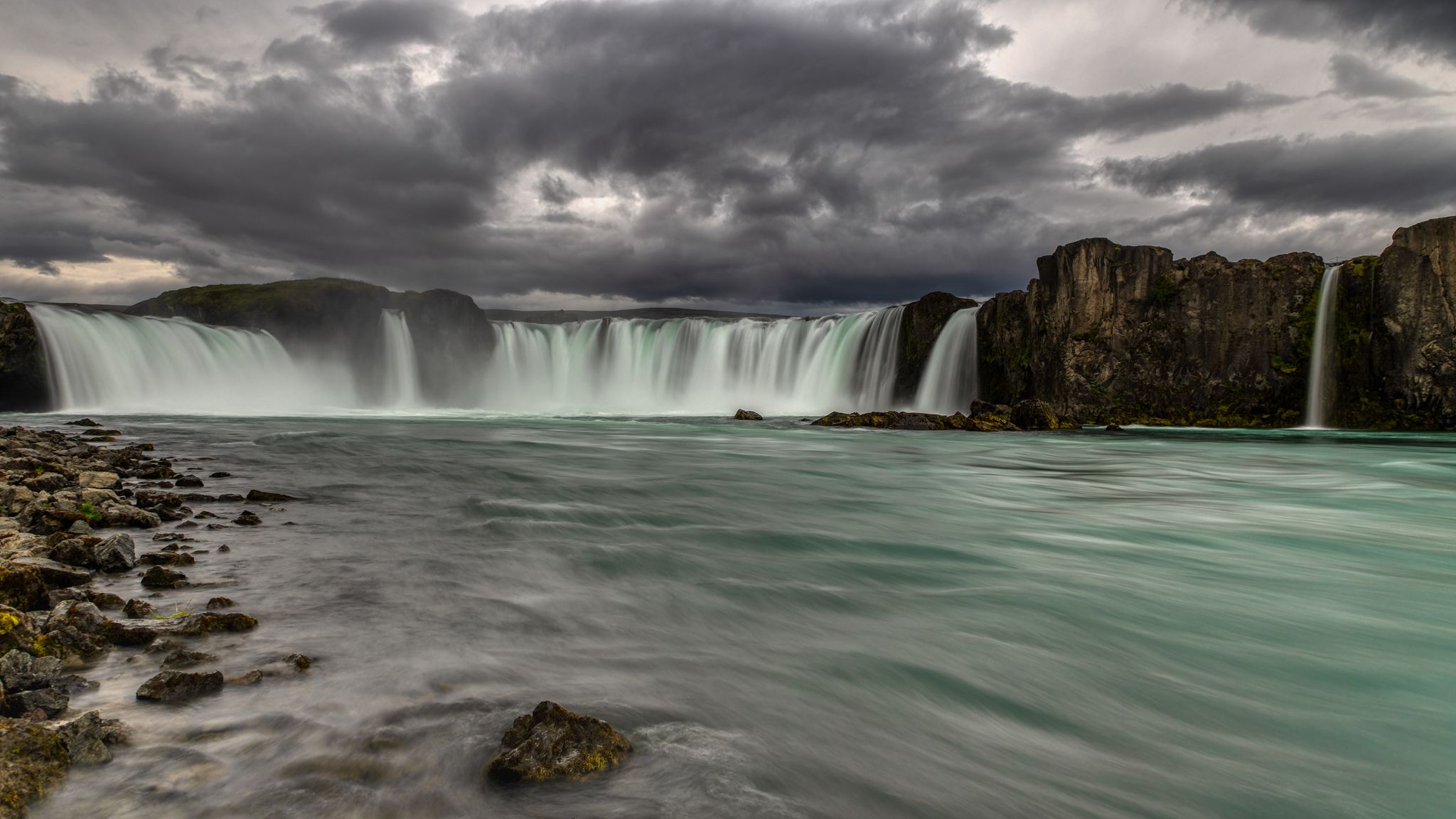 Goðafoss Waterfall at river level, Iceland, Iceland