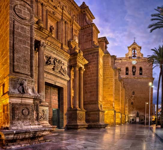 Main facade of Almería Cathedral at the blue hour