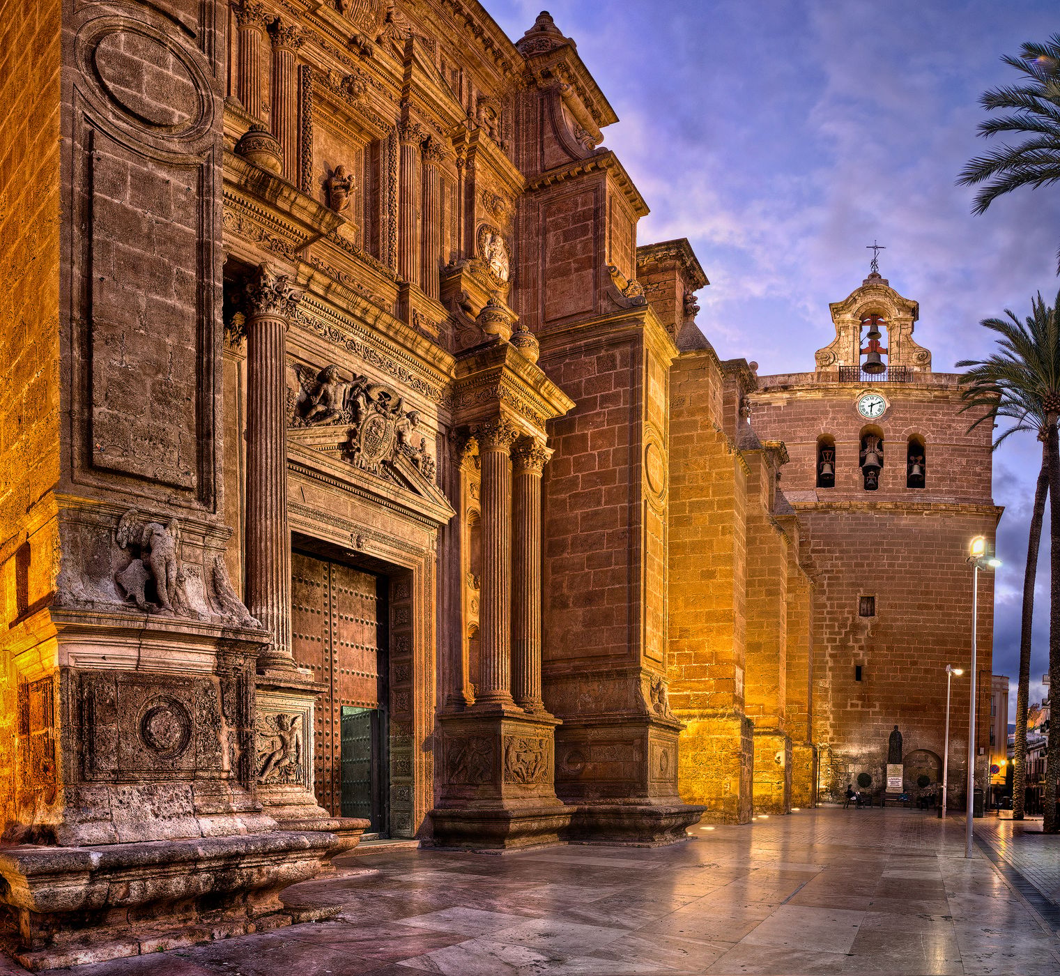 Main facade of Almería Cathedral at the blue hour, Spain