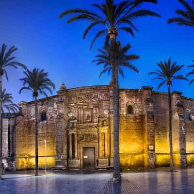 Main facade of Almería Cathedral at the blue hour, Spain