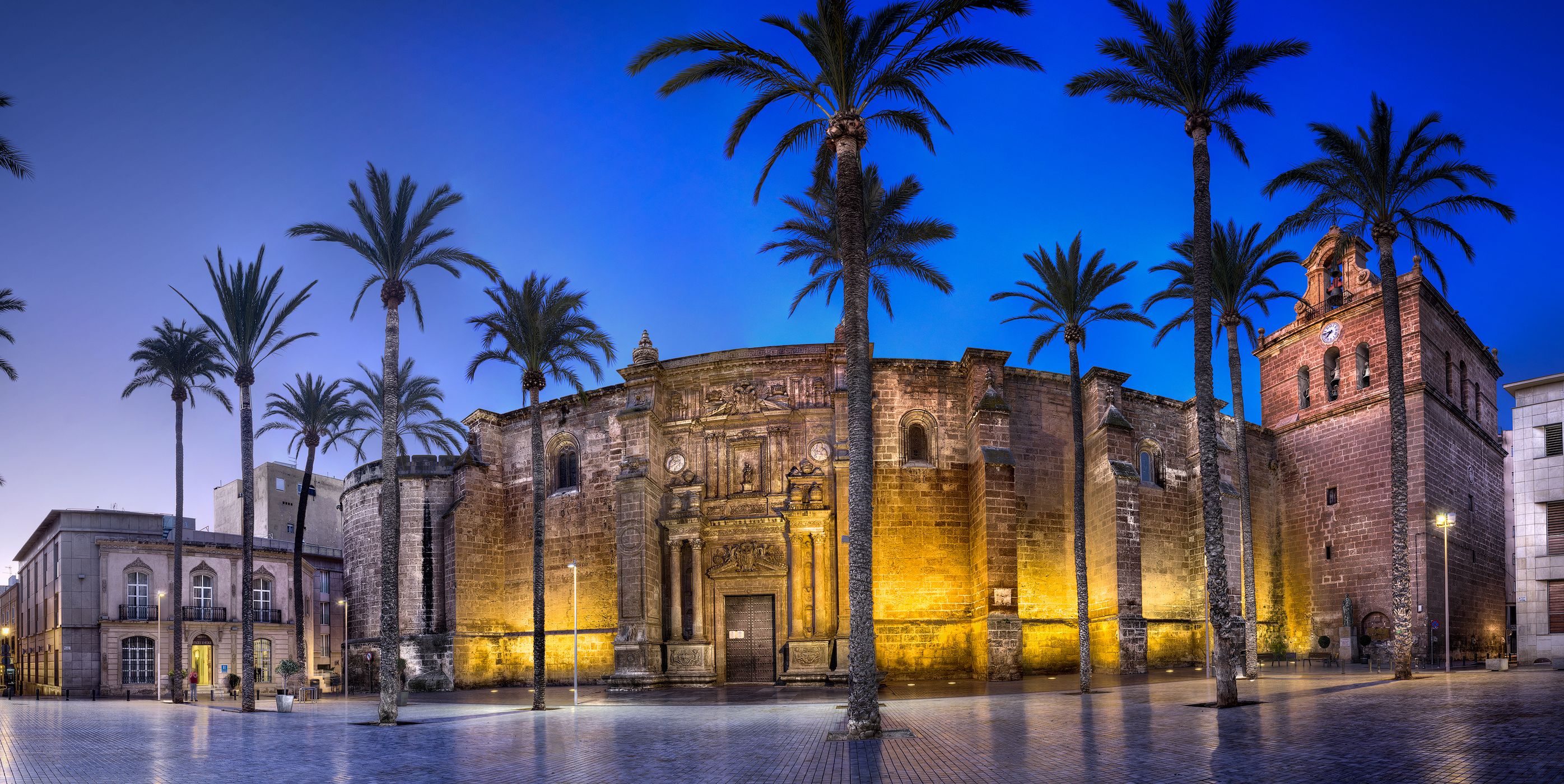 Main facade of Almería Cathedral at the blue hour, Spain