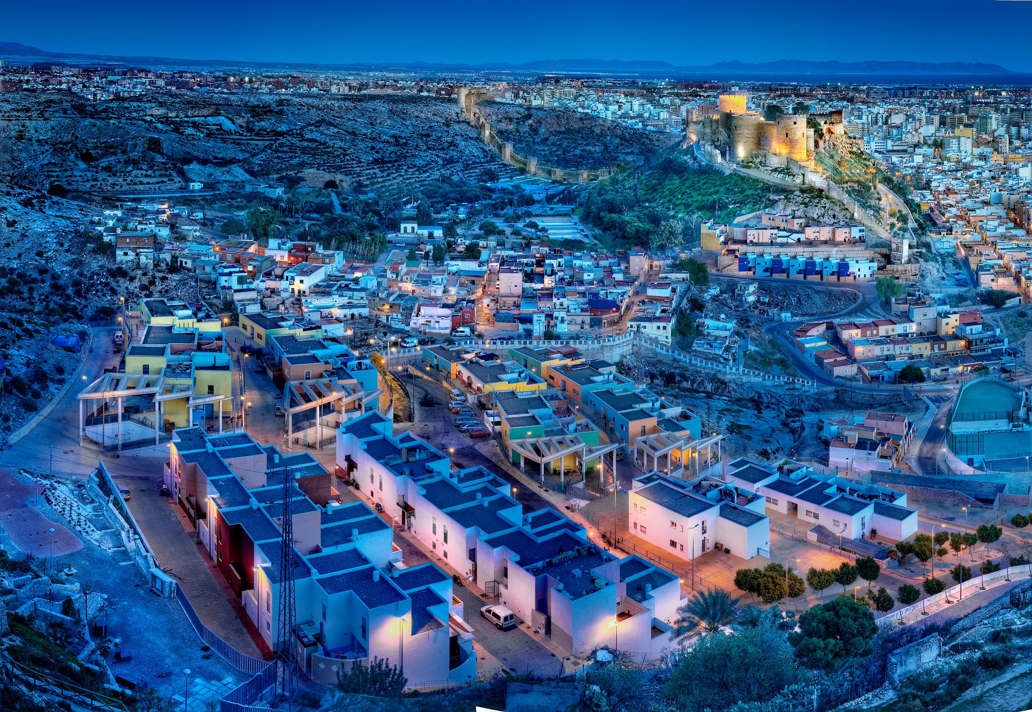 Panoramic view of the city of Almeria from Las Mellizas hill, Spain