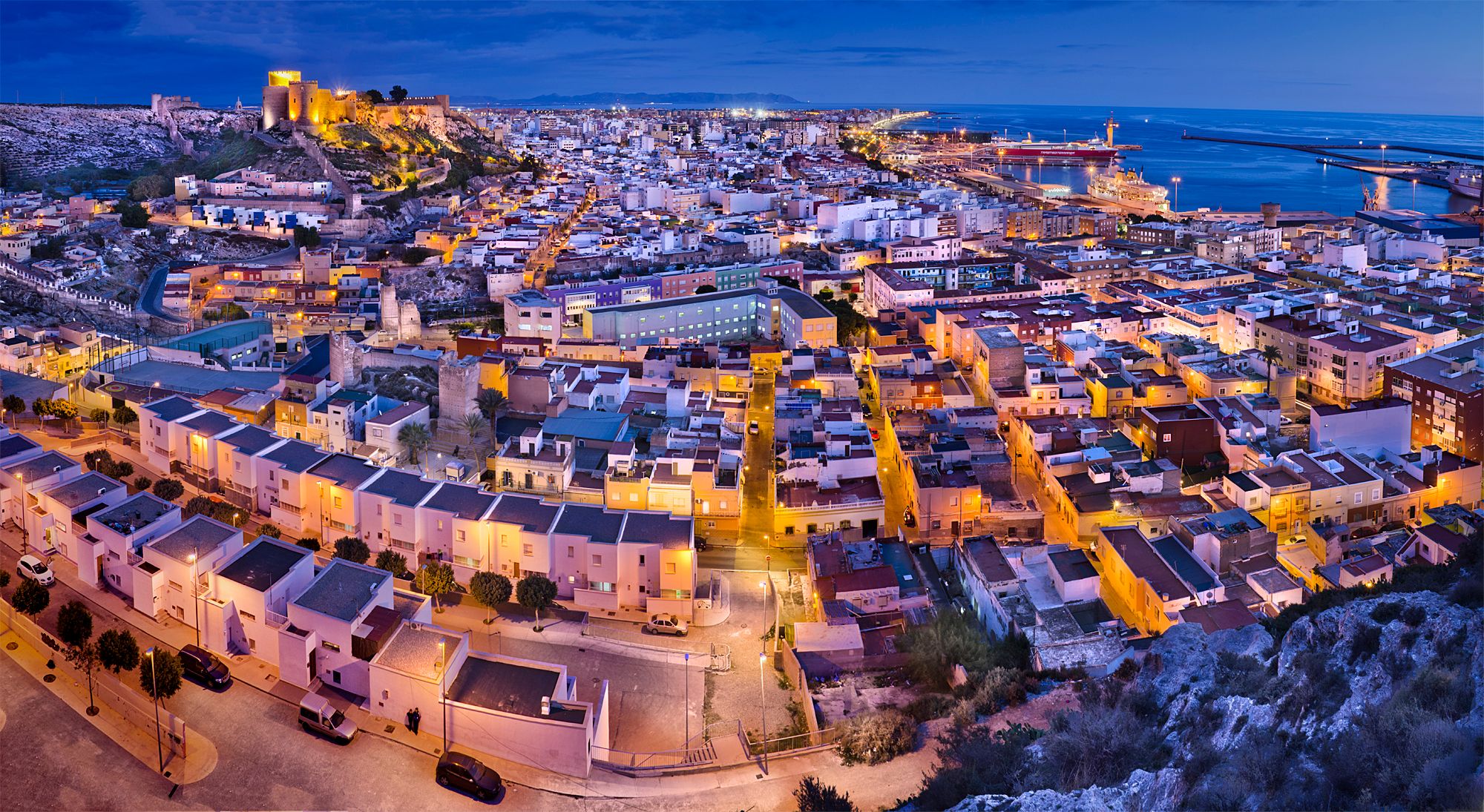 Panoramic view of the city of Almeria from Las Mellizas hill, Spain
