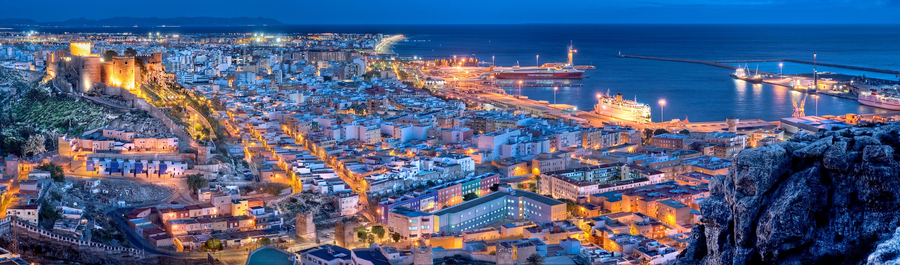 Panoramic view of the city of Almeria from Las Mellizas hill, Spain