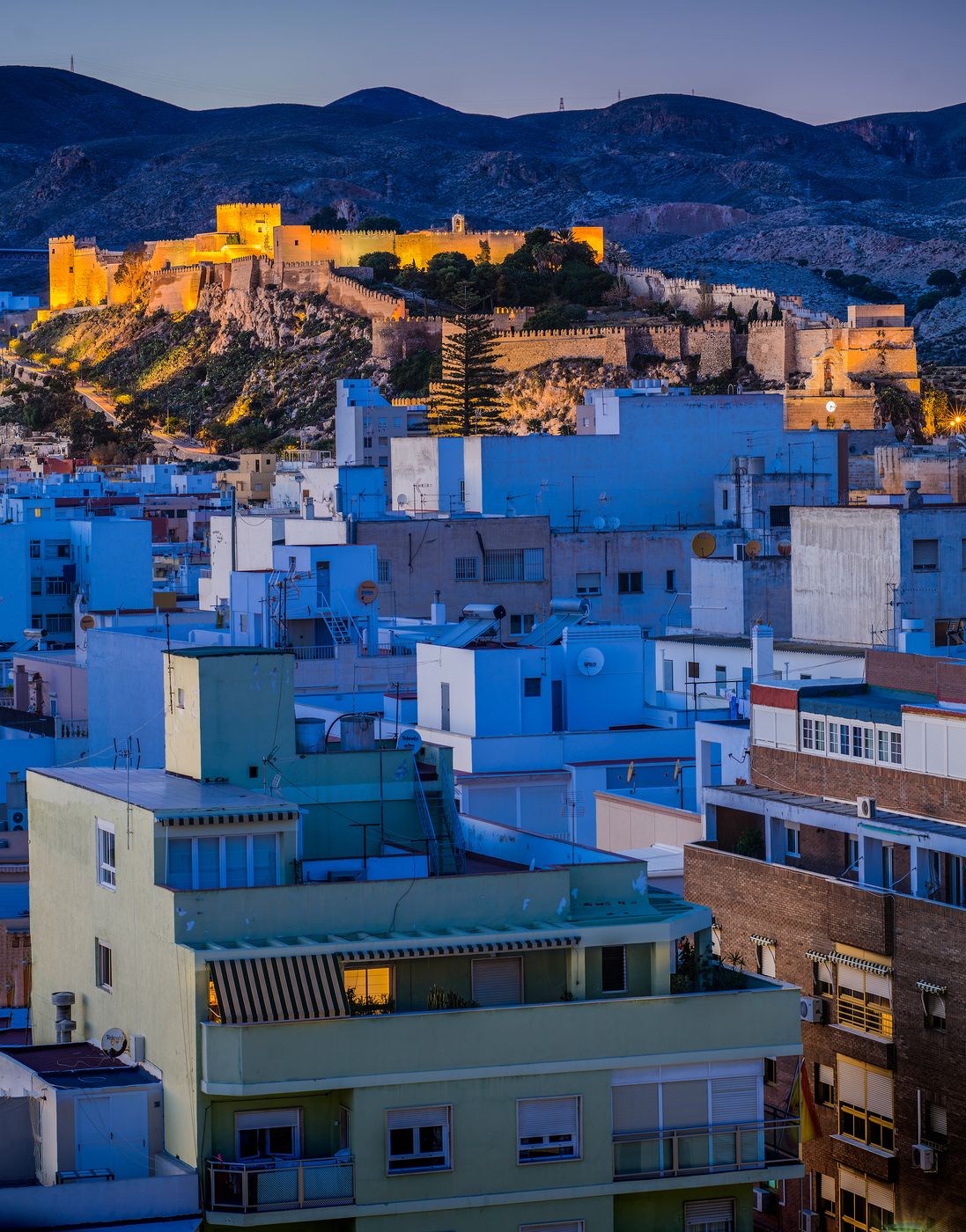 The Alcazaba monumental complex from the Gran Hotel Almeria, Spain