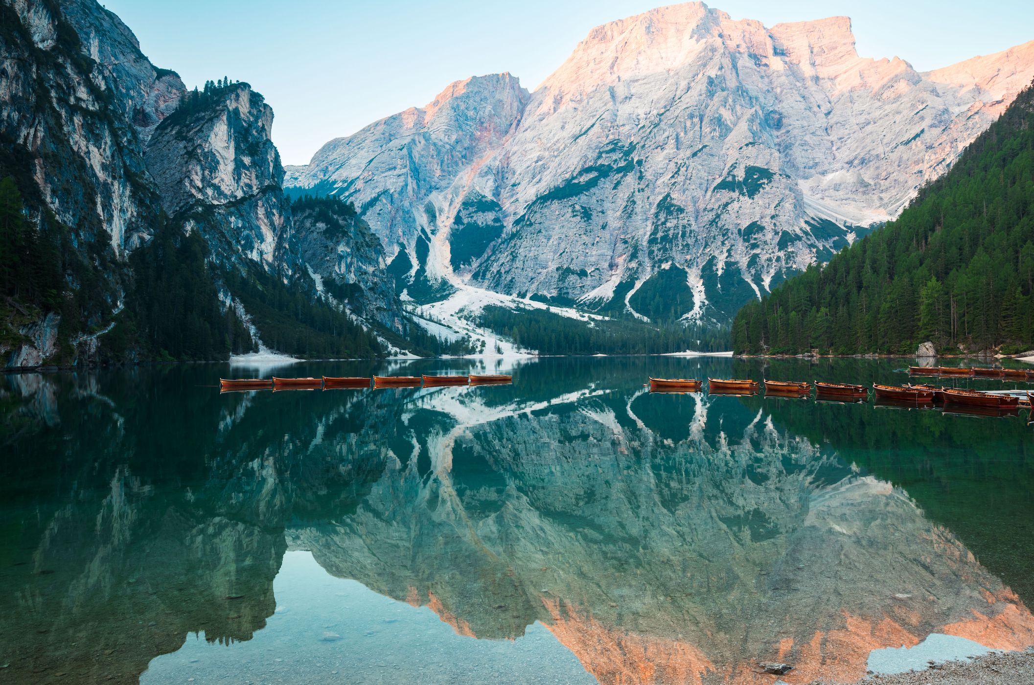 View from the Pier at Lago di Braies Prager Wildsee, Dolomites, Italy