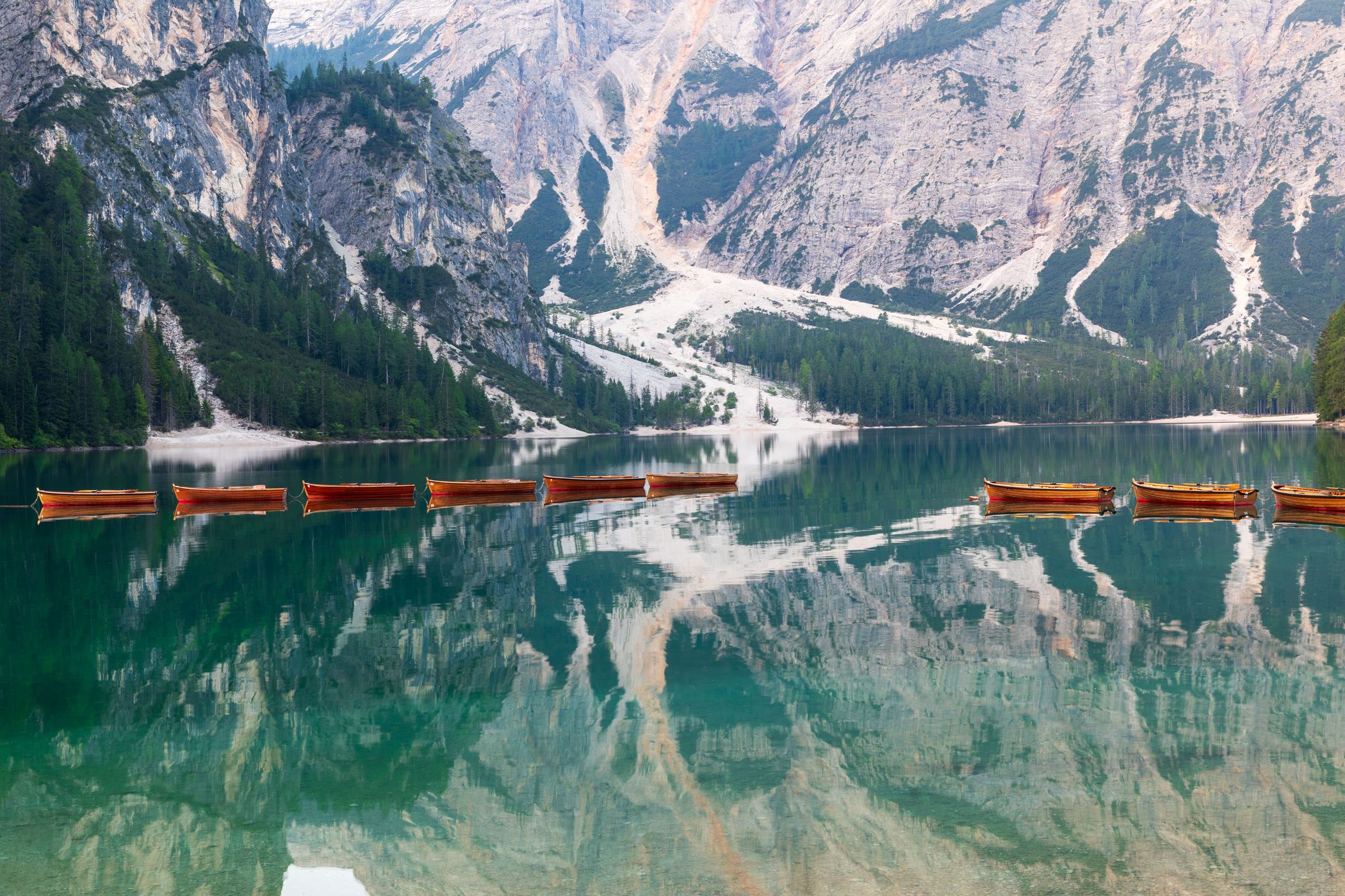 View from the Pier at Lago di Braies Prager Wildsee, Dolomites, Italy