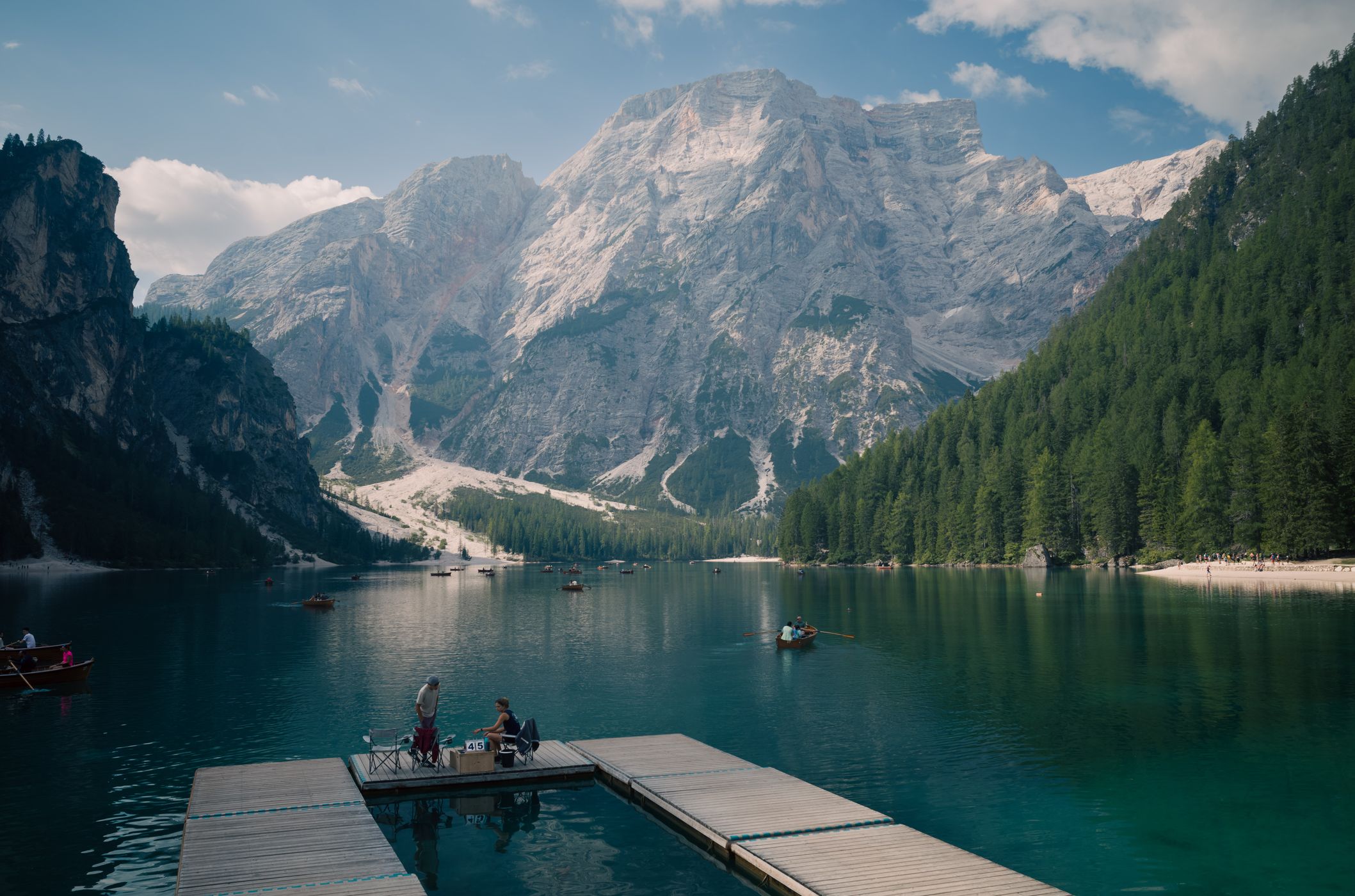 View from the Pier at Lago di Braies Prager Wildsee, Dolomites, Italy
