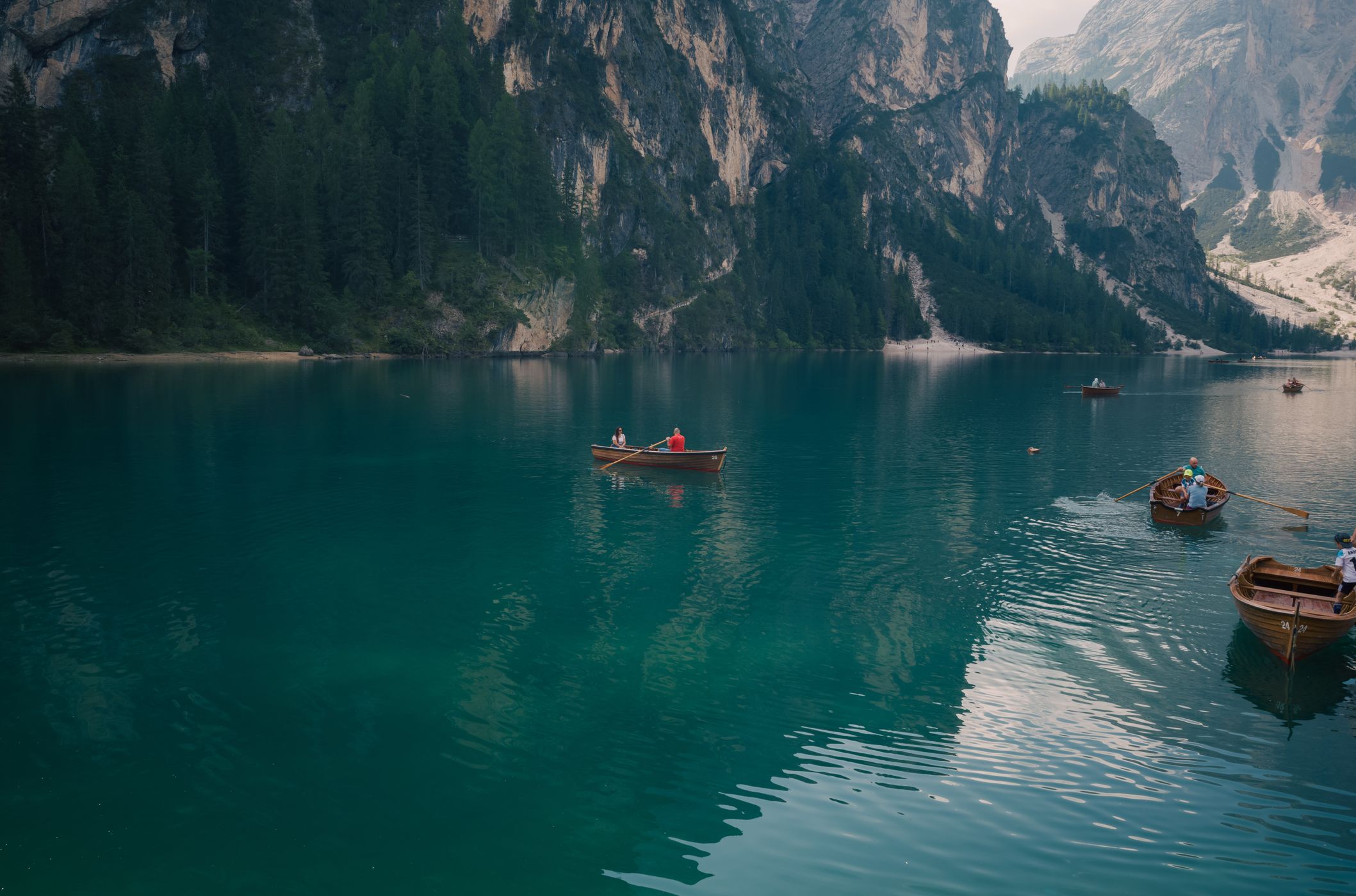 View from the Pier at Lago di Braies Prager Wildsee, Dolomites, Italy