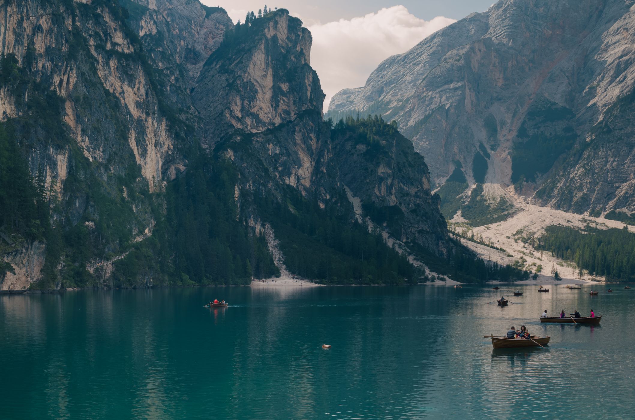 View from the Pier at Lago di Braies Prager Wildsee, Dolomites, Italy