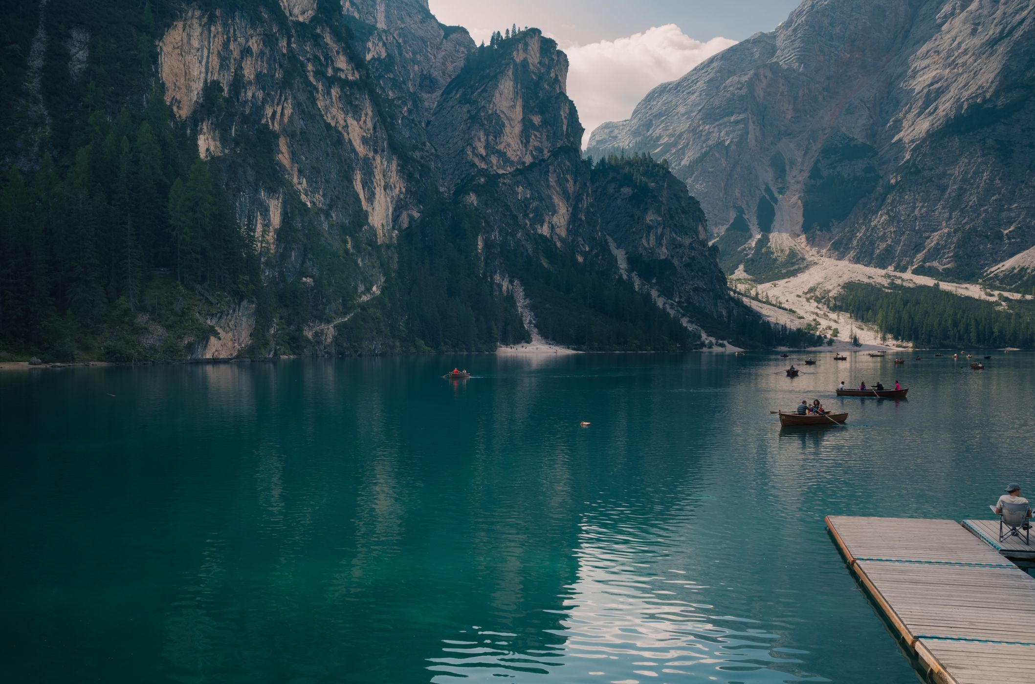 View from the Pier at Lago di Braies Prager Wildsee, Dolomites, Italy