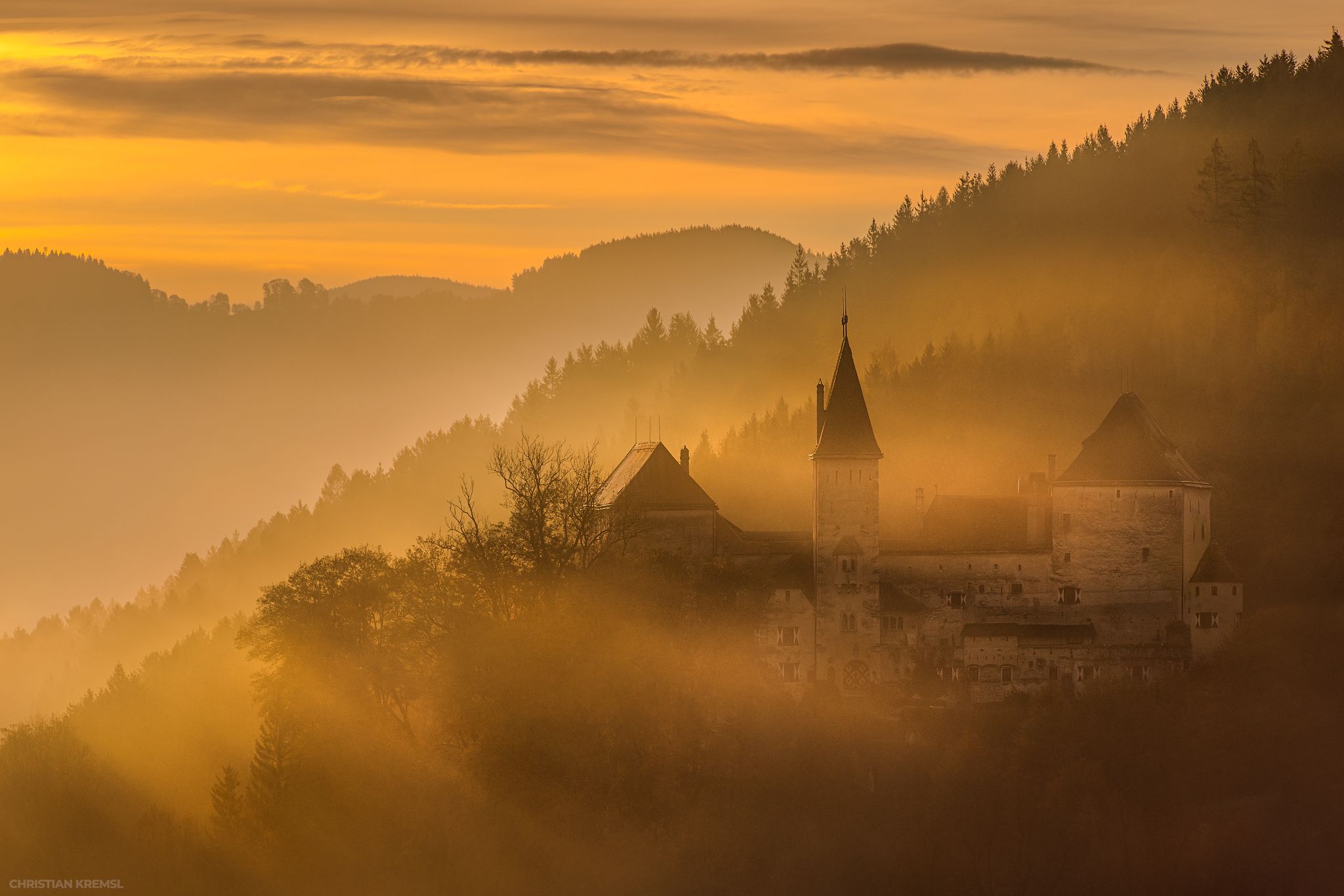 Burg Feistritz in Morning Fog, Austria