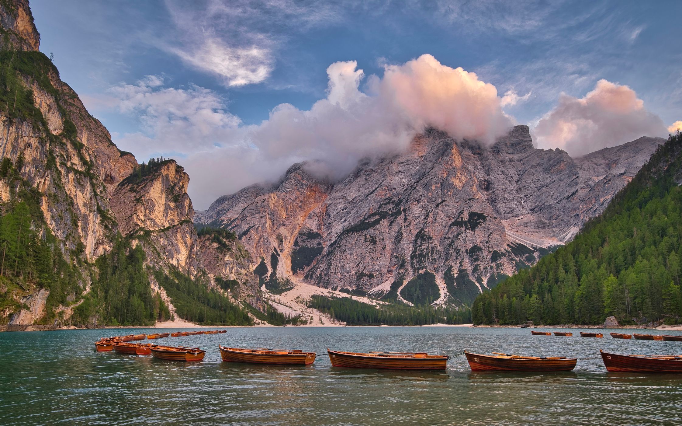 View from the Pier at Lago di Braies Prager Wildsee, Dolomites, Italy