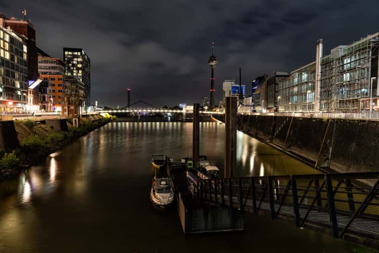 View to Rheinturm from Media Harbor, Düsseldorf