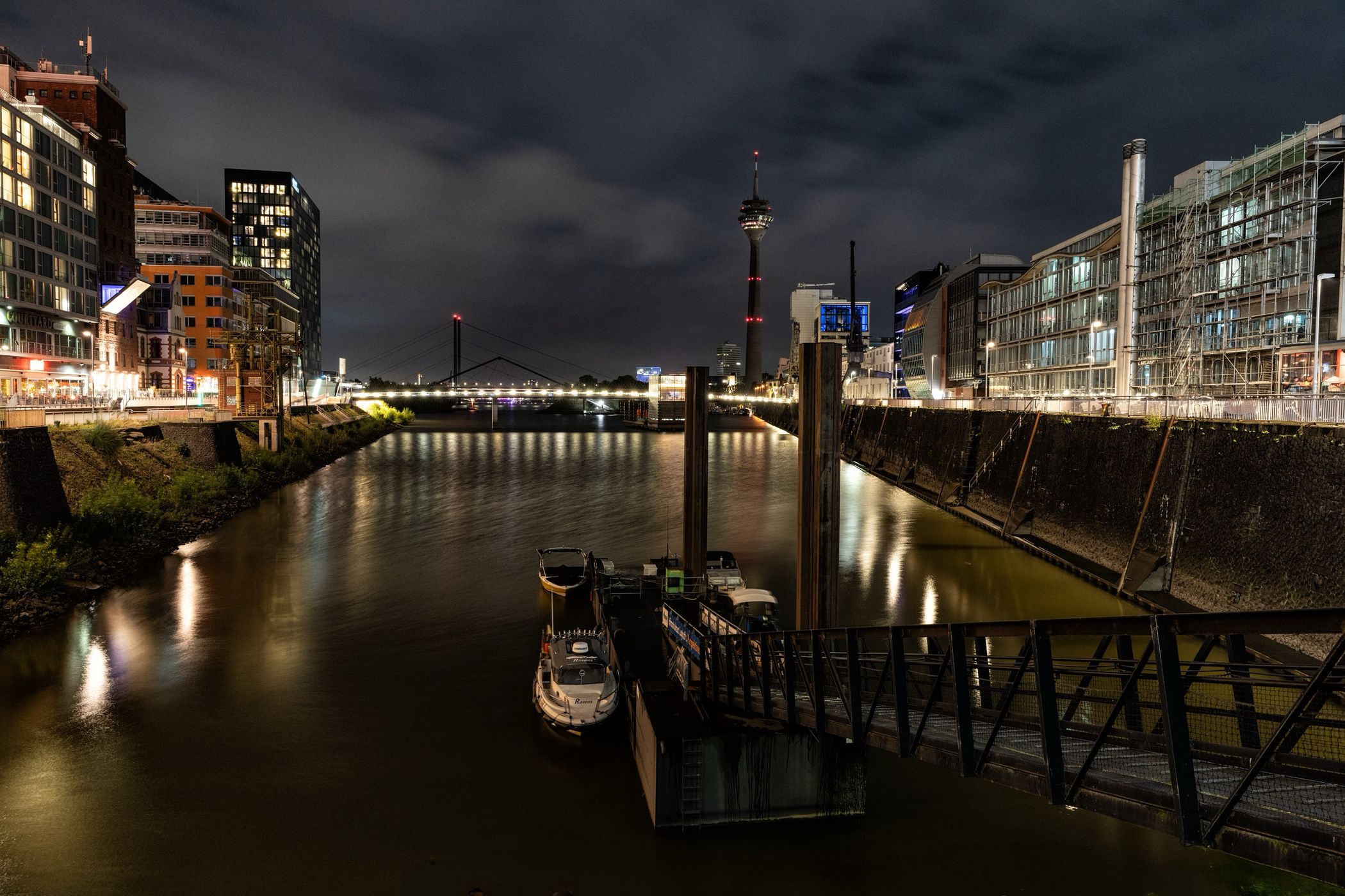 View to Rheinturm from Media Harbor, Düsseldorf, Germany