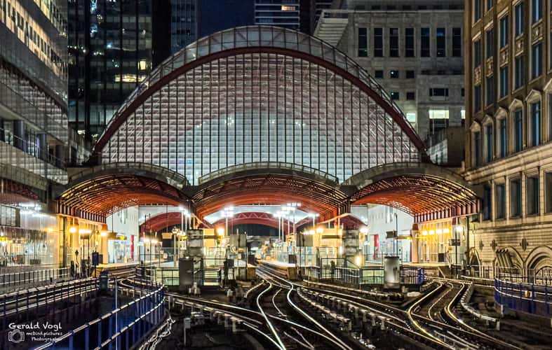 Entering Canary Wharf Dockland Light Railway Station, London