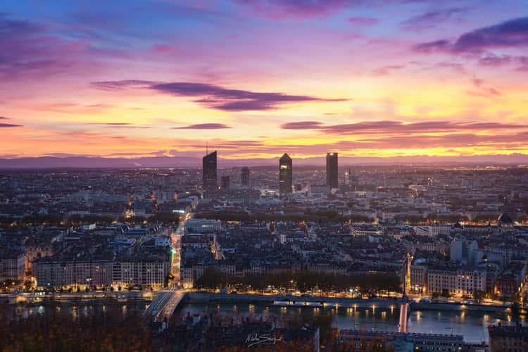 Panoramic view on Lyon's Presqu'ile from the Fourviere hill