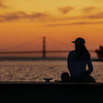 Sunset view to Mackinac bridge from Mackinac Island, USA