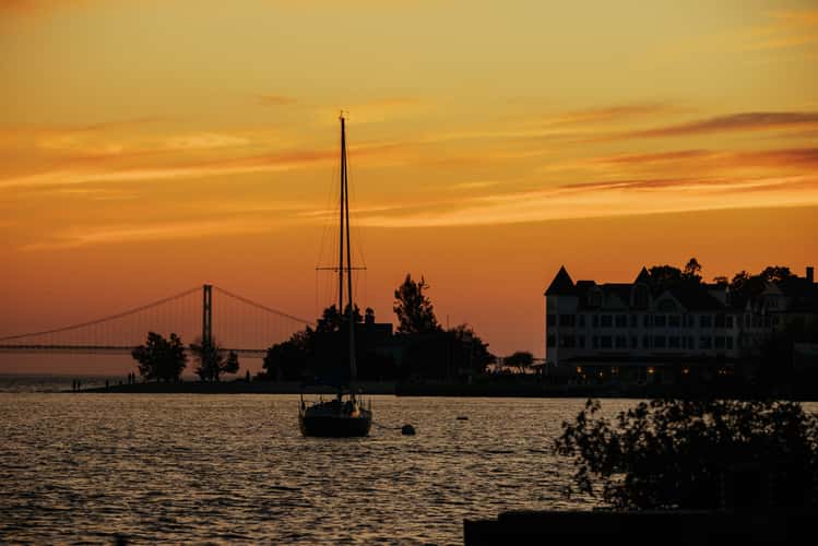 Sunset view to Mackinac bridge from Mackinac Island