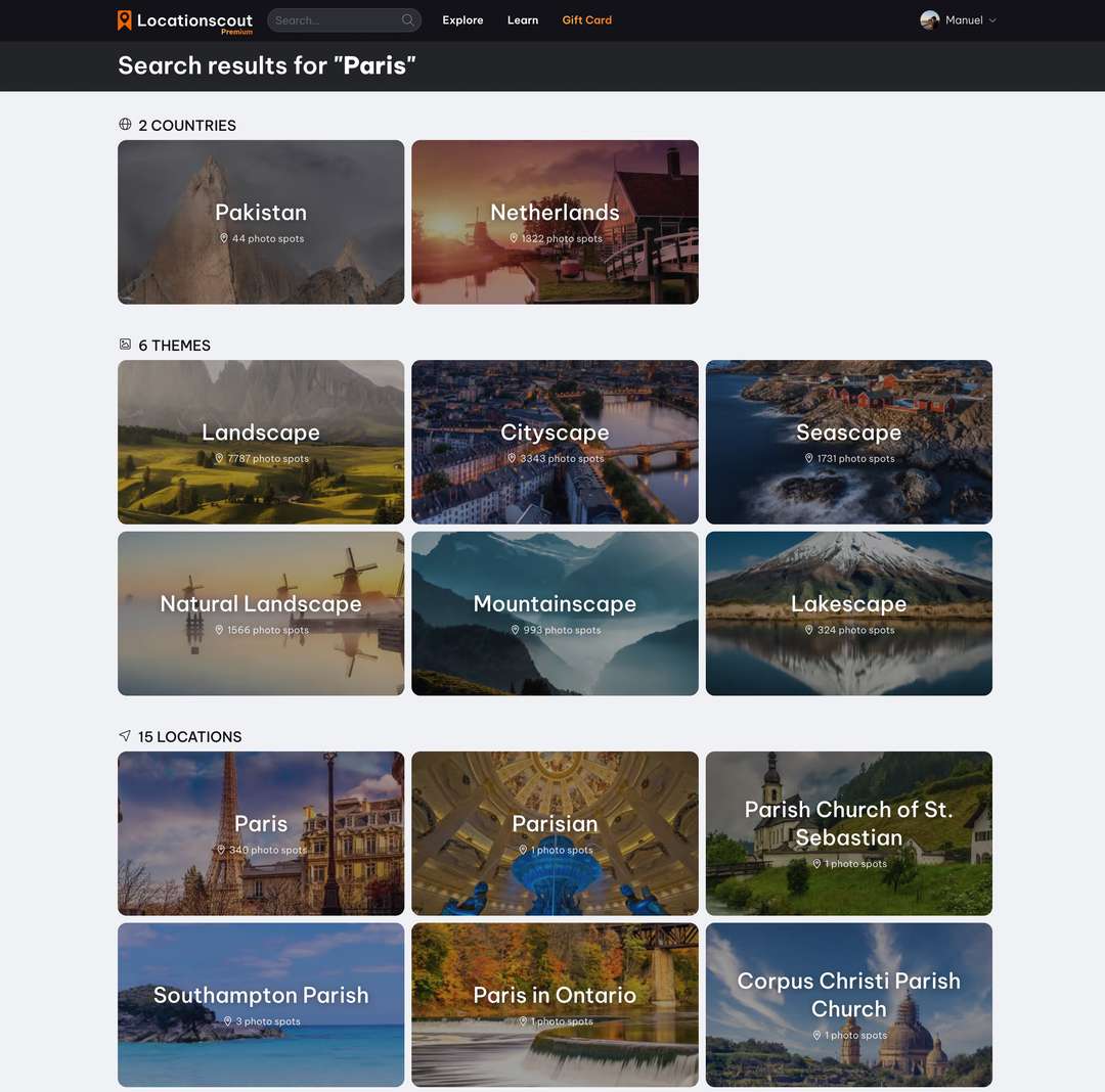 A great example for the old search results: Paris is the first location but hidden behind countries and themes that have nothing to do with Paris. The results are still correct though, because "Paris" is similar to the Spanish word for the Netherlands: "Países Bajos".
